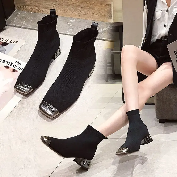 

Elastic Knit Socks Boots Women's 2019 Autumn New Style Korean-style Elegant Short Boots Square Head Chunky-Heel Semi-high Heeled