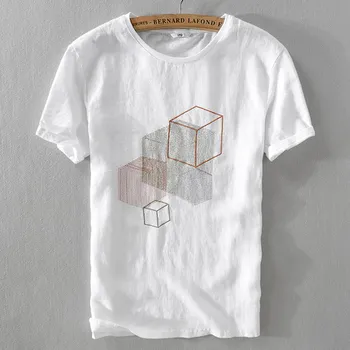 

2020 men's T-Shirt New Summer Cotton hemp splicing short sleeve T-shirt embroidered round neck thin half sleeve top men's tops