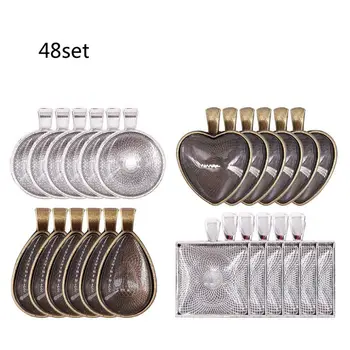 

48Pcs DIY Pendant Tray Round Square Heart Teardrop Glass Cabochon Jewelry Making