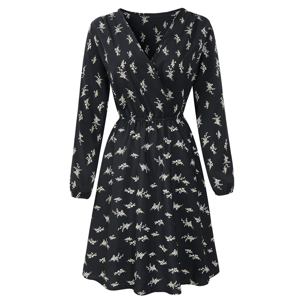 Пляжное платье в стиле бохо с v-образным вырезом, шифоновое платье с длинным рукавом, женское вечернее платье, платье с модным принтом - Цвет: Black