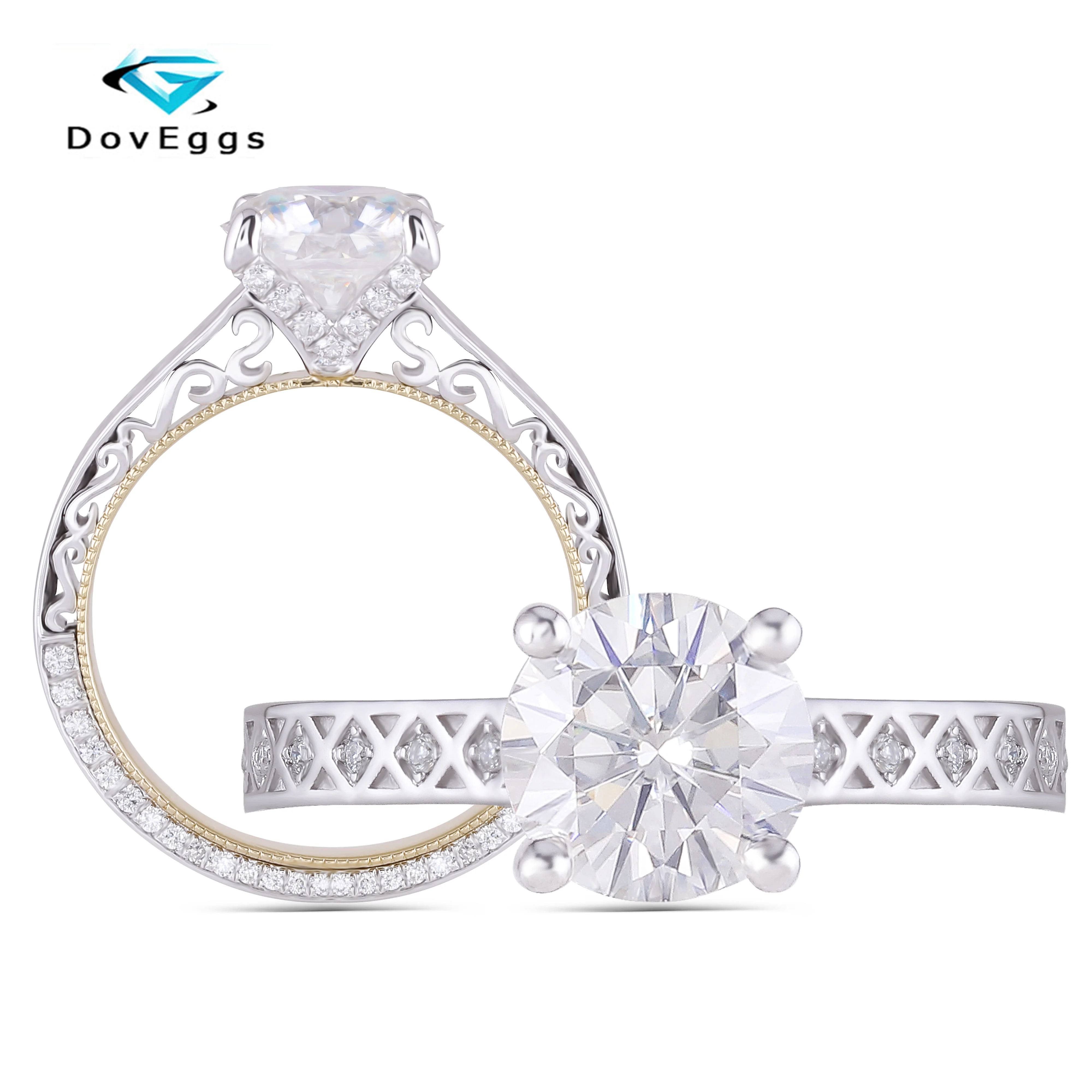 DovEggs 14K Two Tone центр 2CT 8 мм DEF/GH Цвет Муассанит Винтаж для годовщины помолвки кольцо