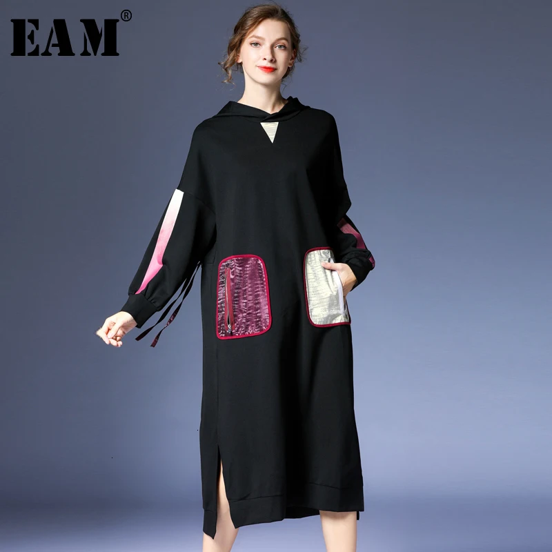 

[EAM] Women Spliced Hit Color Split Joint Dress New Hooded Neck Long Sleeve Loose Fit Fashion Tide Spring Autumn 2019 1D242