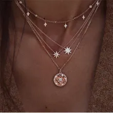 Boho блестящий кристалл драгоценный камень круглые звезды кулон многослойная цепочка ожерелье Шарм Золотая цепь с жемчугом вечерние ювелирные изделия подарок для женщин девушек