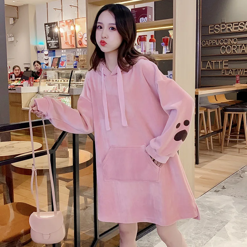 

Photo Shoot Maternity Clothes Korean-style Large Size Double-Sided Velvet Thick Pink Hoodie Skirt Warm Fashion Large Size Dress