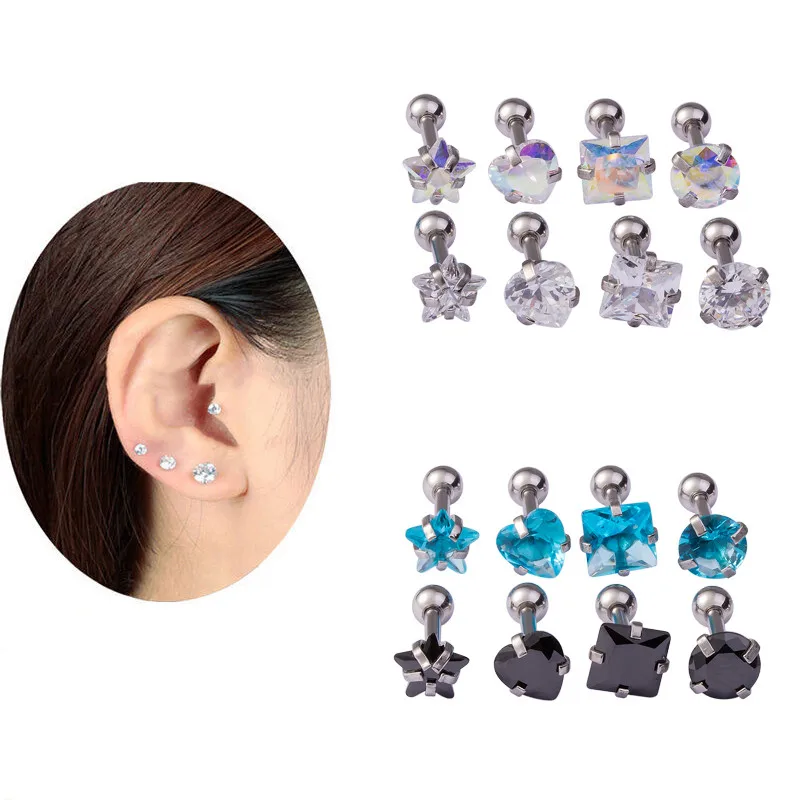 

1pc 16G Stainless Steel Star Round Love Square Cubic Zirconia Tragus Cartilage Ear Stud Crystal Earrings Piercing Jewelry