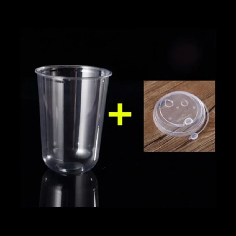 50pcs Disposable 90 caliber U-shaped fat style milk tea cup yogurt juice pet high transparent thick plastic cups with lid - Цвет: cup and lid5