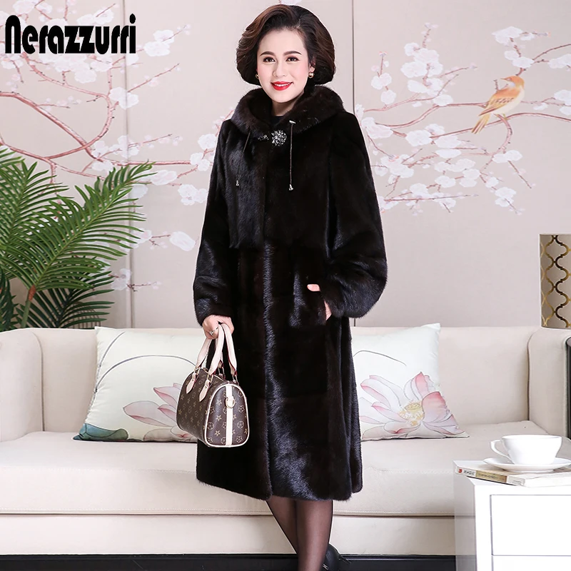 Nerazzurri Длинная зимняя шуба из настоящей норки с капюшоном, длинный рукав, черная Толстая теплая шуба из цельной норки, Женская куртка размера плюс из норки норковая шуба большого размера норковая цельная шуба 7xl