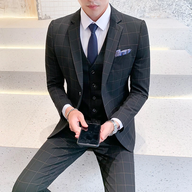 Мужские костюмы для свадебного платья, костюмы из 3 предметов, куртки+ штаны+ жилет, строгие костюмы в клетку, новые мужские облегающие костюмы жениха, размер XS-5XL