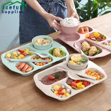 

Canteen Wheat Straw Dinner Plate Food Grade Grid with Bowl Chopsticks Spoon Light and Simple Kitchen Household Accessories