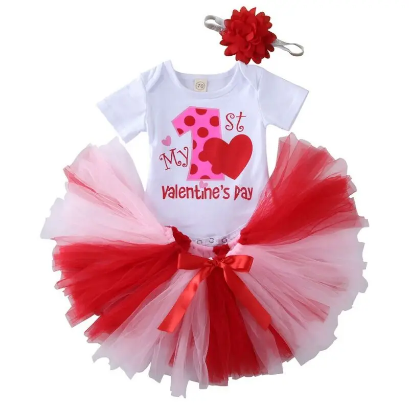 

My 1st Valentine's Day Baby Girl Clothes Set Sweet Princess Letter Short Sleeve Bodysuit Tutu Mesh Skirt Headband 3Pcs Outfit