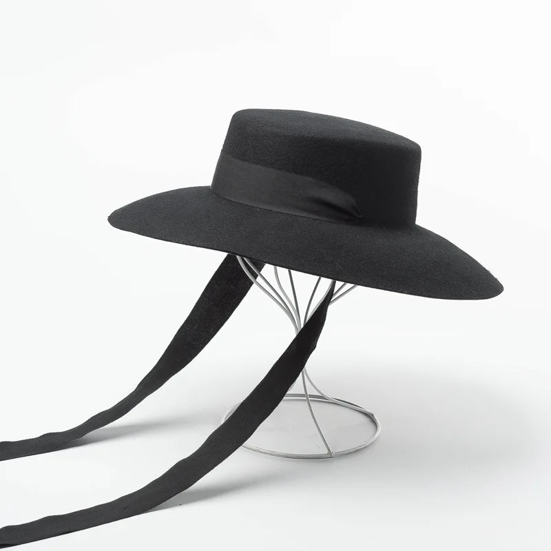 Осенне-зимняя шерстяная шляпа Fedora для женщин с широкими полями, черные шляпы с плоским верхом, широкая шляпа, кружевная Женская стильная шапка, фетровая шляпа - Цвет: black