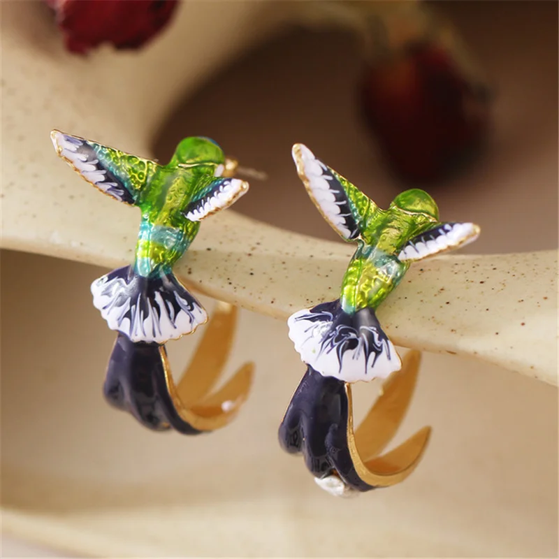 Hummingbird Earrings Women's Accessories Animal Hoop For Women Unique Korean Fashion Jewelry Gift Trendy Wholesale New | Украшения и