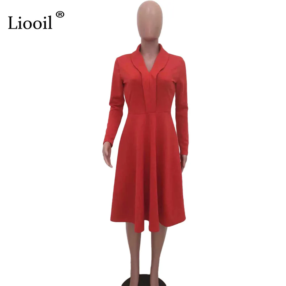 Liooil, сексуальное, черное, плиссированное, миди платье, женская одежда, осень, длинный рукав, v-образный вырез, высокая талия, большие, свинг, повседневные платья для женщин, вечерние