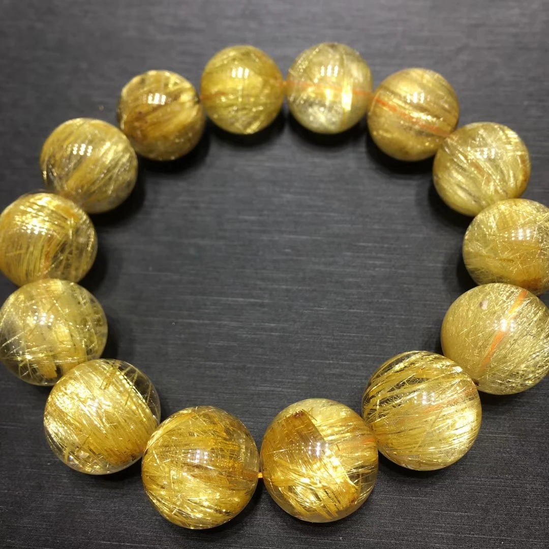 

Top Quality 16mm Natural Brazil Gold Rutilated Titanium Quartz Bracelet For Woman Man Round Wealthy Crystal Beads Jewelry AAAAAA