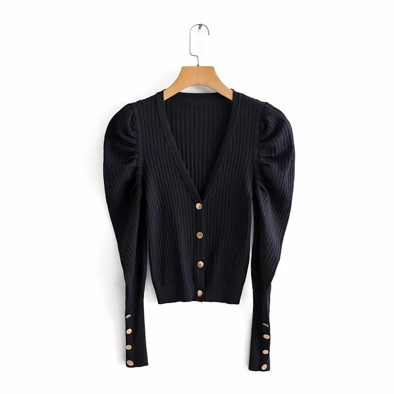 Tanie Withered 2019 nowa jesienna swetry rozpinane kobiety anglia vintage puff rękawem pojedyncze łuszcz granatowy sweter dziergany kobiet topy