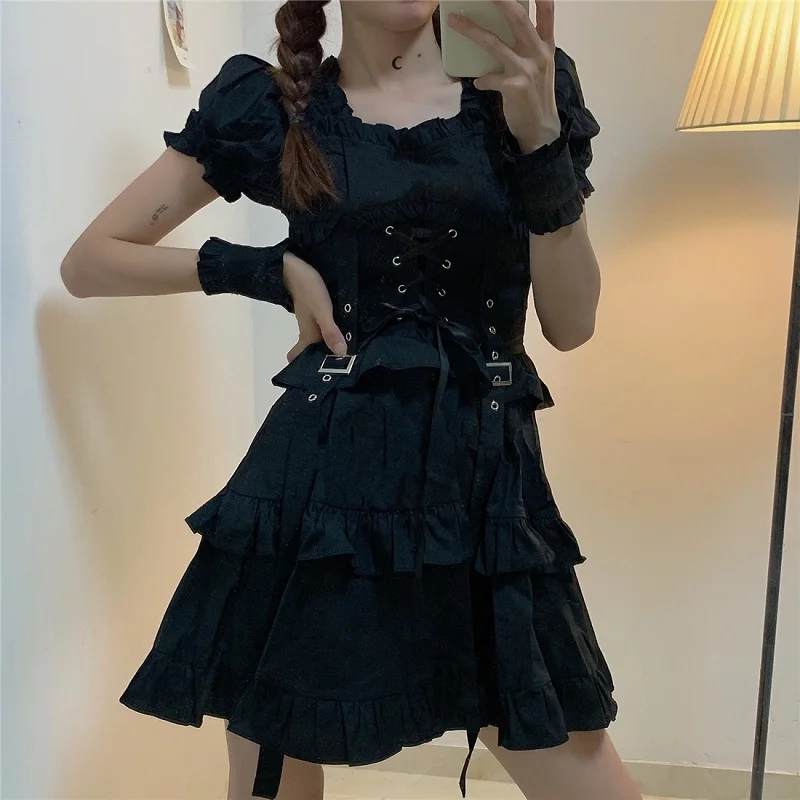 Women Gothic Lolita Dress Goth Punk Gothic Harajuku Mall Goth Style Bandage Black Dress Puff Sleeve