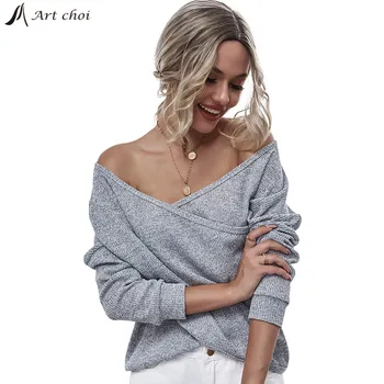

2020 Autumn Winter Women Sexy Knitted V Neck Sweater Loose Pullover Female Knitwear Shrug Off Shoulder Soft Warm Tops Femme