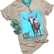 Западный Bison печатных футболки женские Западный стиль пустынный кактус повседневные футболки