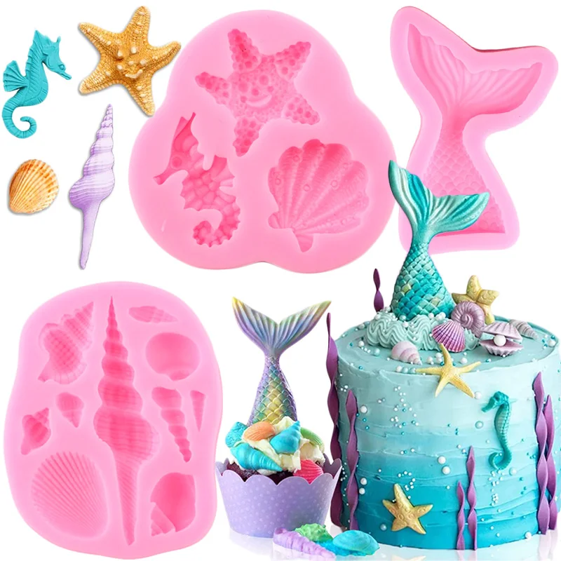 

Ocean Theme Silicone Mold Mermaid Tail Seashell Starfish Seahorse Conch Chocolate Cupcake Topper Fondant Cake Decorating Tools