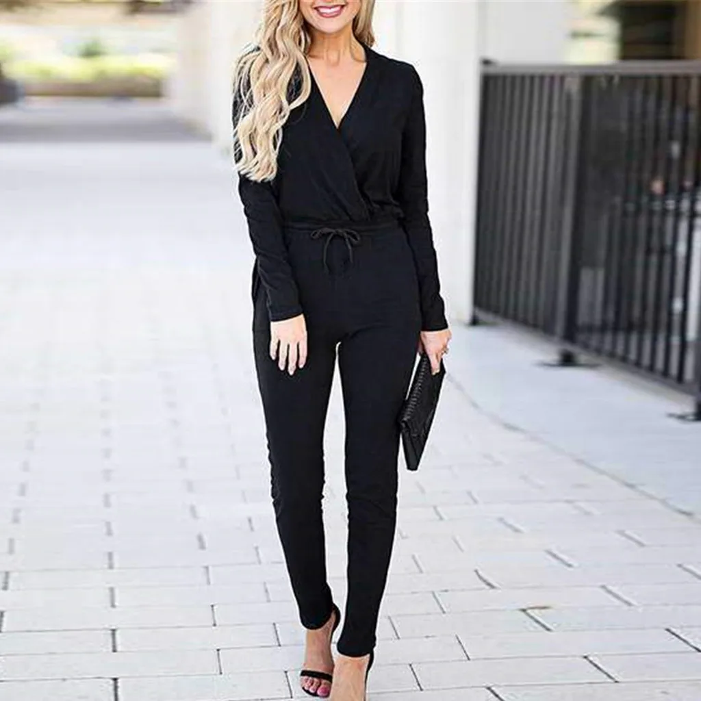 

Rompers Jumpsuit Women Party Elegant Pocket Lace Up V Neck Long Sleeve Bodycon Trousers Clubwear autumn office wears