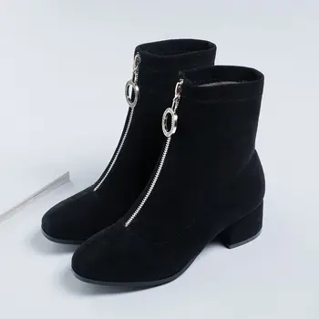 

Faux Suede Women Boots Comfortable Square Low Heel Ankle Boots Fashion Zipper Woman Boots Autumn Winter Plush Female Boots 2019