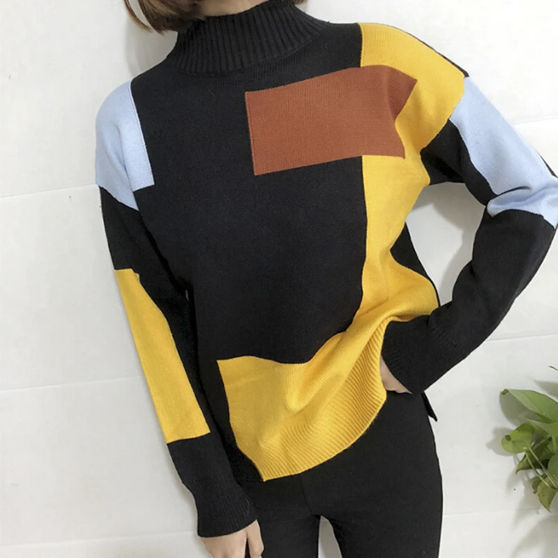 

DANJEANER New Autumn Winter Sweater Contrast Color Pullover Jumper Long Sleeve Half Turtleneck Knitted Tops Woman Pull Femme