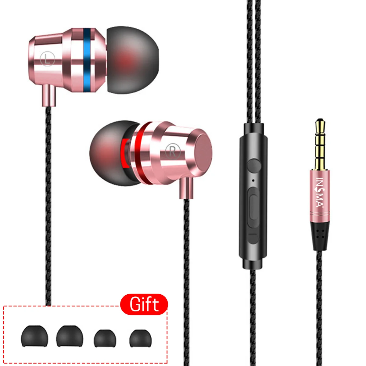 INSMA 3,5 мм в ухо проводные наушники стерео Спортивная гарнитура 5 цветов с микрофоном для iPhone для Xiaomi телефон компьютер - Цвет: Rose