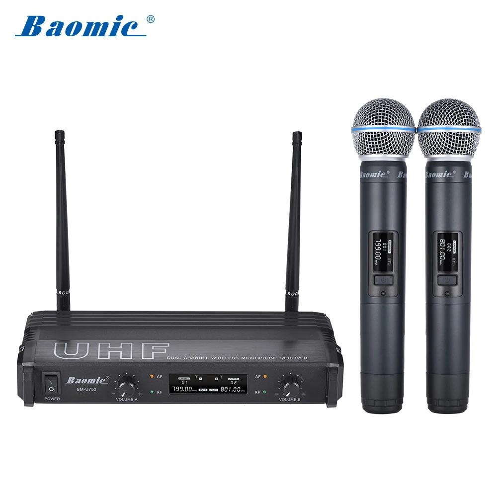 Baomic B M-U752 Профессиональный Двухканальный UHF Цифровой беспроводной ручной микрофон Система 2 микрофона и 1 приемник для караоке Вечерние