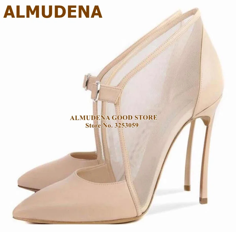 

ALMUDENA Nude Black Blade Heel Dress Pumps Mesh Patchwork Banquet Shoes Pointed Toe Buckle Strap Stiletto Heel Sandals Dropship