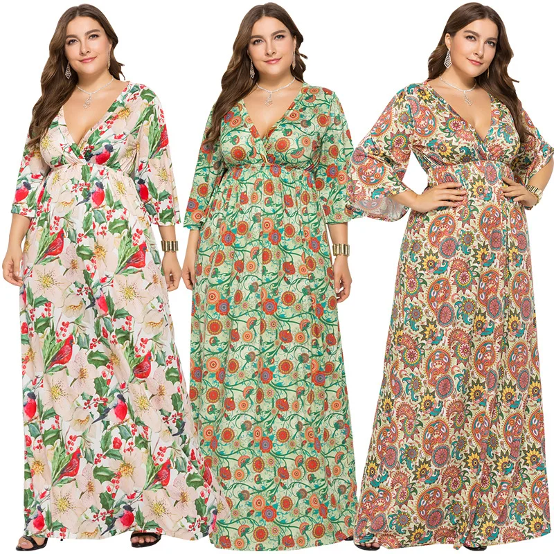 Womens Long Sleeve Floral Printed V Neck Casual Loose Abaya Muslim Dubai Kaftan Tunic Maxi Dress Holiday Beach Caftan Dresses | Женская