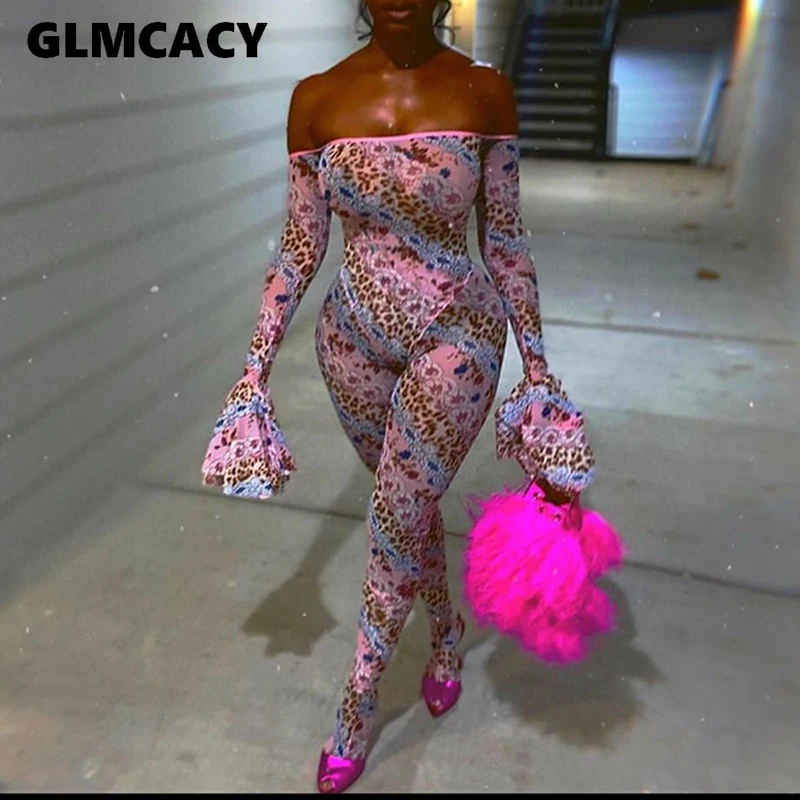 

Women Off Shoulder Leopard Printed Bell Sleeve Skinny Jumpsuit Sexy & Club Night Out Slim See Through Jumpsuits