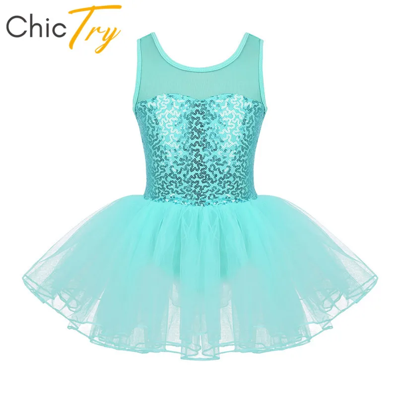 

ChicTry Kids Stretchy Sleeveless Sequins Mesh Professional Ballet Tutu Dress Gymnastics Leotard for Girls Lyrical Dance Costumes