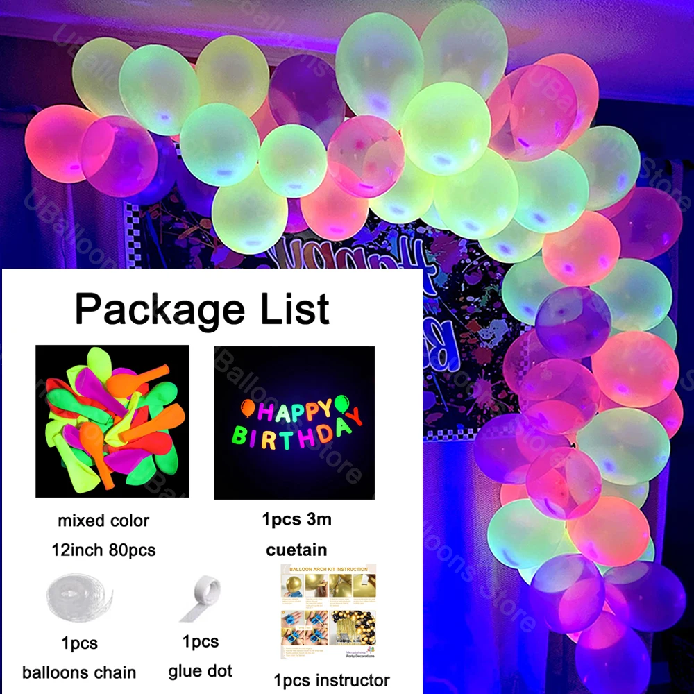 1 Set Neon-Geburtstagsballons mit Bogen, UV-leuchtendes Schwarzlicht, Latex, Globos, Neon-Luftballons, Girlande für Geburtstagsparty-Dekorationszubehör – Detail 13