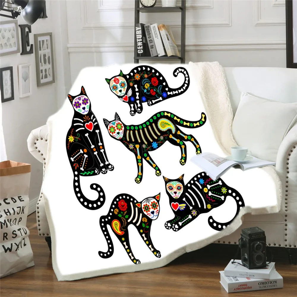 

Cute Cats Throw Blanket on Sofa Bed Doodle Flowel Sherpa Fleece Blanket for Kid Sugar Skull Hooded Throw Blanket for Home Travel