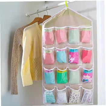 

16 Grid Hanging Closet Organizer Clear Large Pockets Hangable Wardrobe Narrow Hanging Bags(Beige)