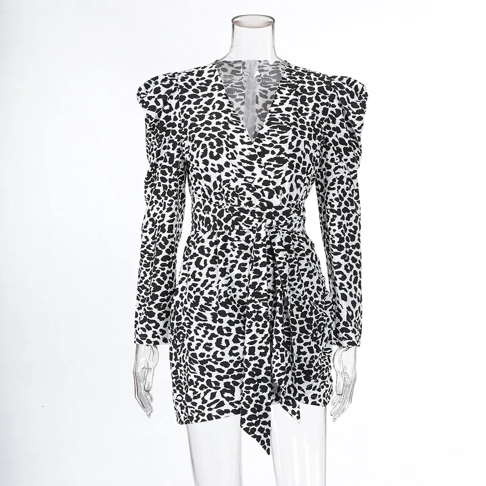 Криптографическое модное леопардовое Повседневное платье для женщин глубокий v-образный вырез с длинным рукавом на шнуровке мини платье на молнии сексуальное платье Осень новинка