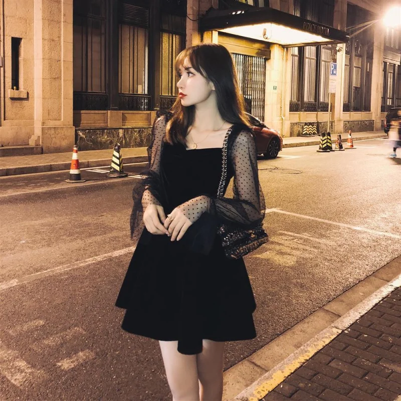 

Black Vintage ClotheS Spring Ladies Long Chiffon Dress New Korean Fashion Lace Black Dress Women Long Sleeve Pleated Dress