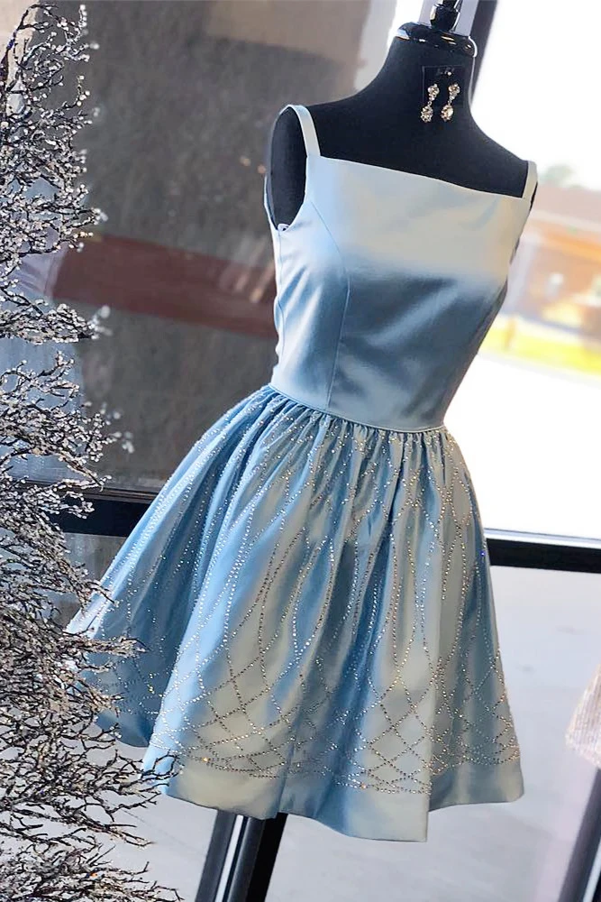 

Charming Spaghetti Straps Satin Beaded Short Cocktail Party Gown Knee Length Homecoming Dresses vestidos de coctail