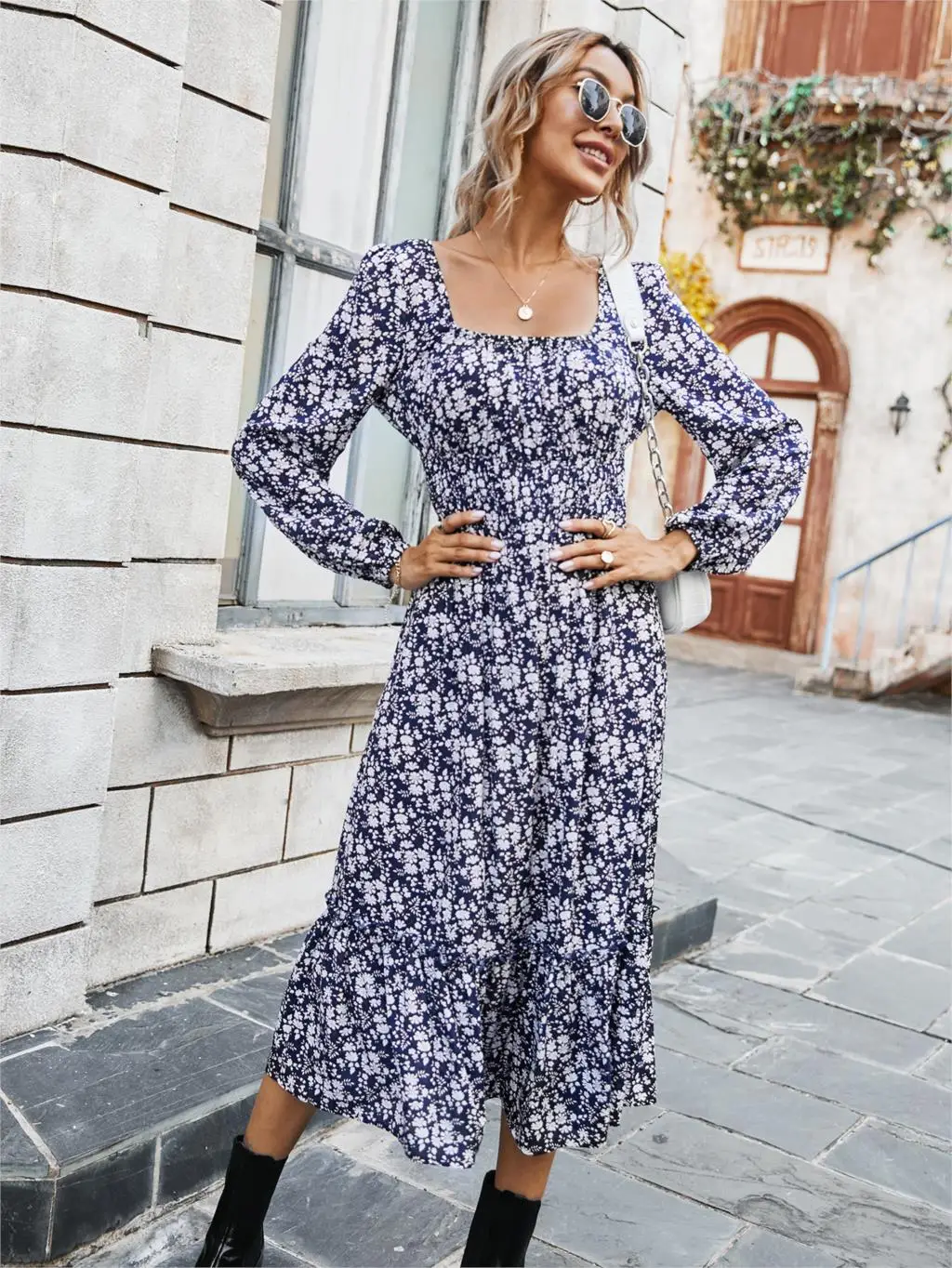 Chifirena Elegant Party Mid-Length Vintage Autumn Dress Women Square Collar Floral Print Ruffles Casual Dresses Minie Vestidos