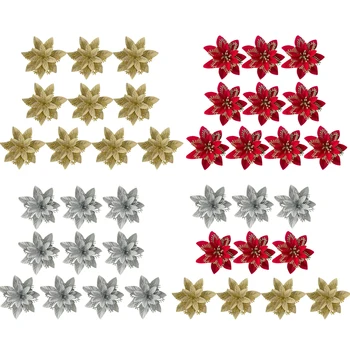 

Besegad 10pcs Artificial Plastic Glitter Flower Christmas Tree Ornament Decoration for DIY Craft Holiday Festival Party Supplies