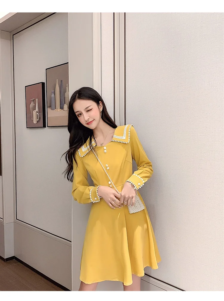 Шикарное желтое элегантное платье женское корейский стиль каваи дамское мини винтажное платье с длинным рукавом уличные пуговицы Повседневный халат Femme s-xl