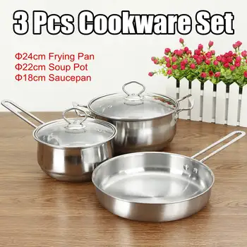 

3PCS/Set Cookware Set Kitchen Stainless Steel Soup Pot Saucepan Induction Safe Thickened Frying Pan Saucepan With Glass Lid