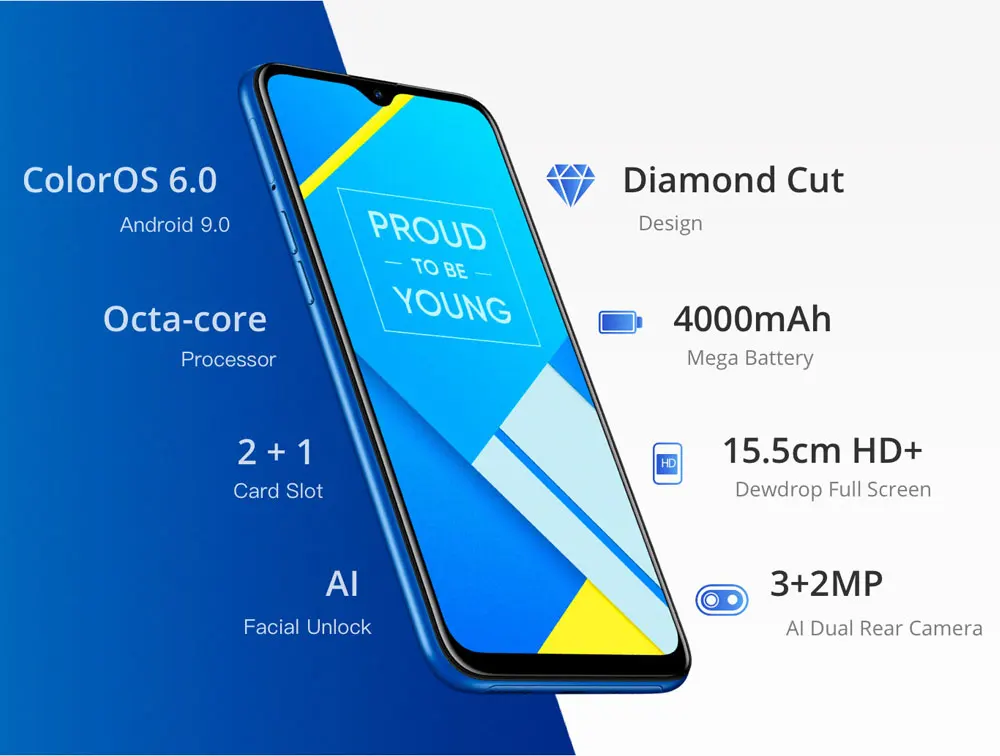 Совершенно мобильный телефон Realme C2 с двумя sim-картами, 2 Гб ОЗУ, 16 Гб ПЗУ, OctaCore, 6,1 дюймов, 1560x720 p, 4000 мА/ч, 13 МП, Android 9,0, смартфон