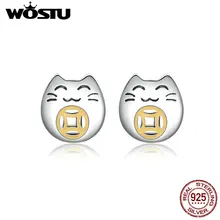 Серьги WOSTU Fortune Cat, подлинные 925 пробы, серебряные, маленькие, на удачу, серьги для женщин, крупное серебро 925, ювелирное изделие CQE636