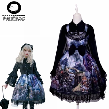 

Vintage Gothic Lolita Dress Dragon & Knight Cat Cosplay Costume Print Princess JSK Dress Party Sleeveless Bows Gown Dress