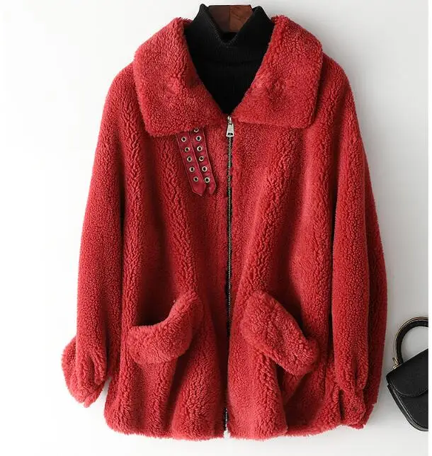Пальто с натуральным мехом, осенне-зимнее шерстяное пальто, женская одежда, Корейская винтажная овечья шерсть, шерстяная куртка, Casaco Feminino ZT2798 - Цвет: GuiZuHong