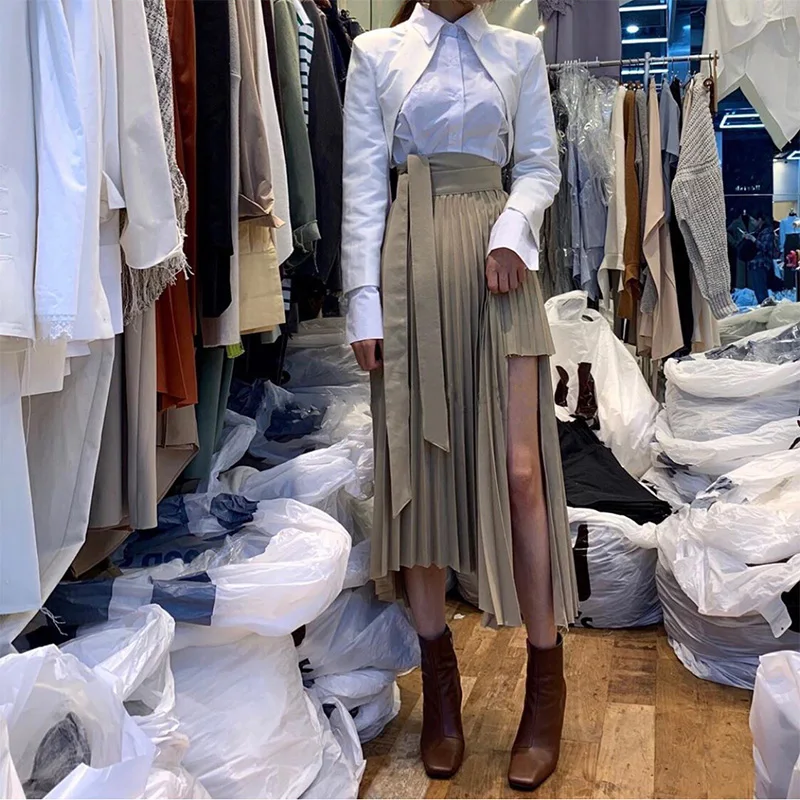 

Korean-style Skirt for Women Spring Summer New High Waist Pleated Lace-up Waist Over-the-Knee Mid-length Skirt Women's Skirts