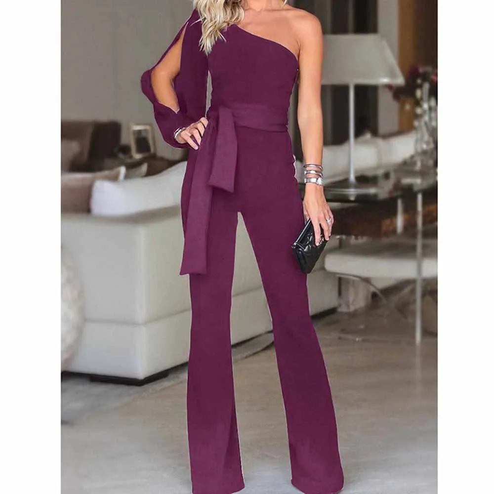 Casual Women Jumpsuit Fashion Solid Color Long Sleeve Off Shoulder High Waist Wide Leg Jumpsuit Clubwear Monos de Fiesta 2020 E