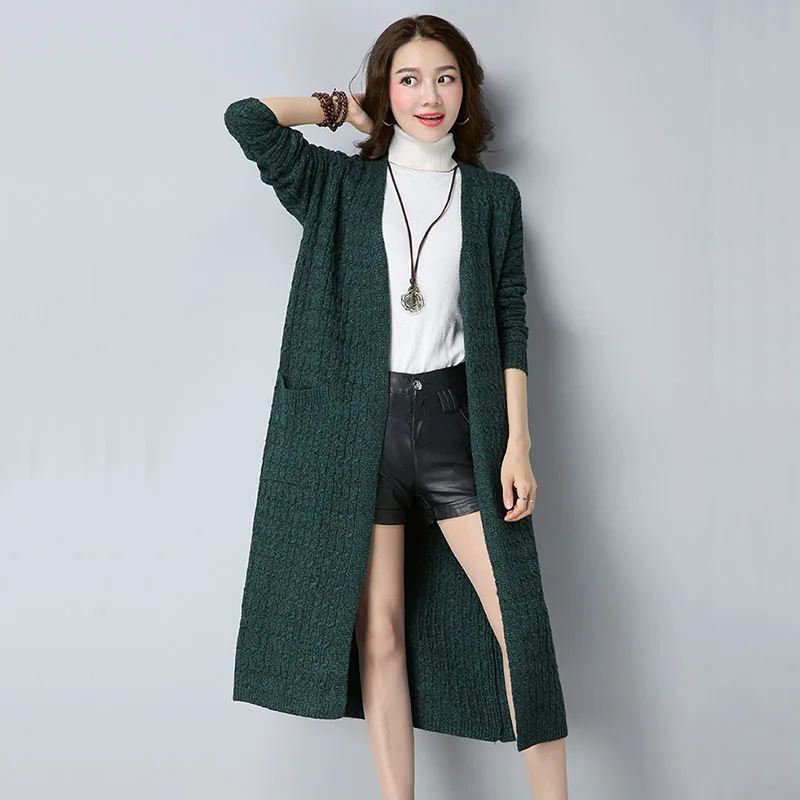 

Women Autumn Winter Long Knitted Cardigan Sweater For Femme Women Green Long-sleeved Loose Cardigans Sweaters Coats New 2019