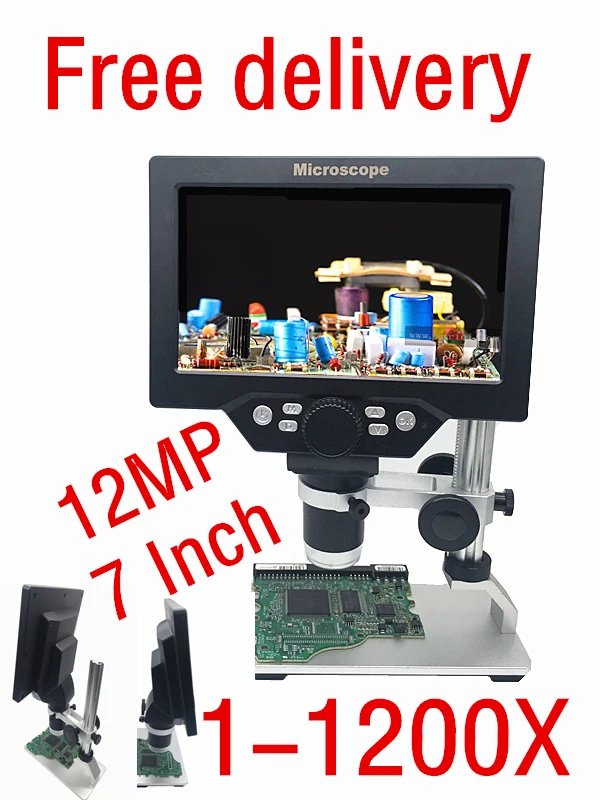 

Free Shipping G1200 Digital Microscope 7 Inch Large Color Screen Large Base LCD Display 12MP 1-1200X With Aluminum Alloy Stand